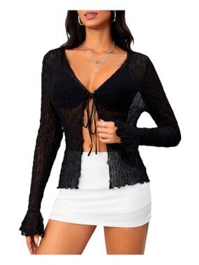 Women's Lace Cardigan Tie Front V-Neck Long Sleeve Going Out Top